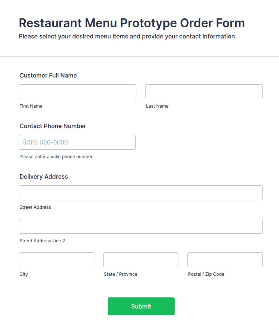 Main Menu Form Example Restaurant Menu Prototype Order Form Template | Jotform