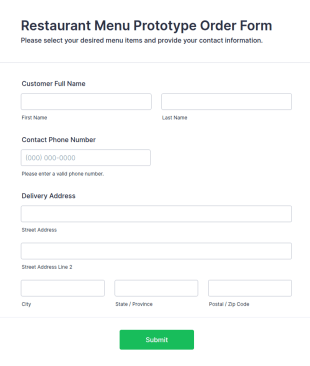 Restaurant Menu Prototype Order Form Template