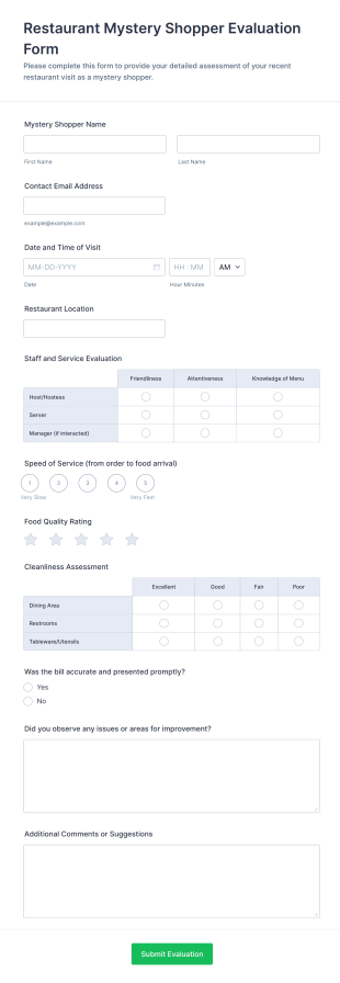 Restaurant Mystery Shopper Evaluation Form Template