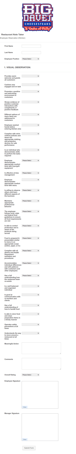 Monthly Restaurant Employee Evaluation Form Template