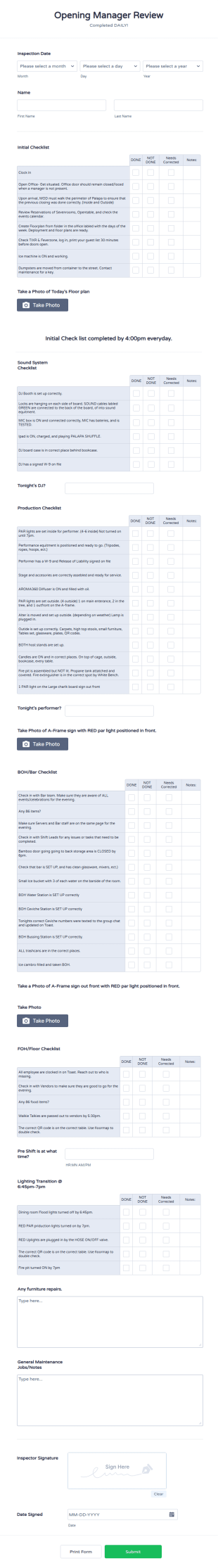 Restaurant Opening Manager Review Form Template
