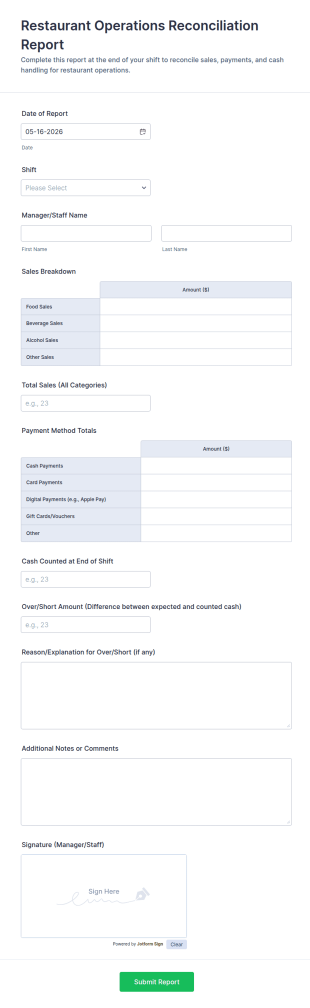Restaurant Operations Reconciliation Report Form Template
