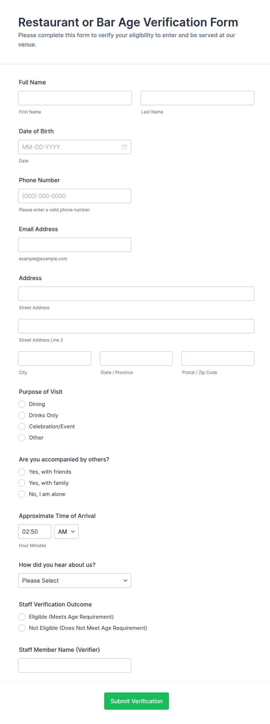 Restaurant or Bar Age Verification Form Template | Jotform