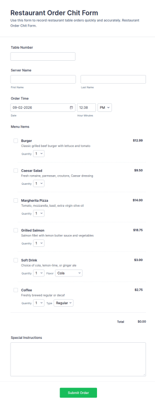Restaurant Order Chit Form Template