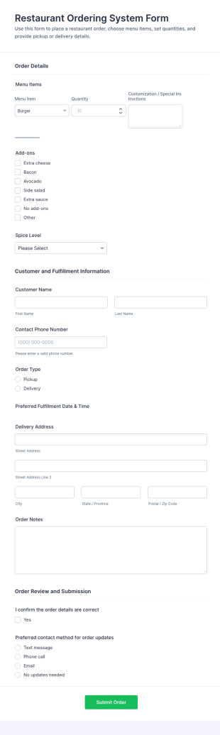 Restaurant Ordering System Quiz Form Template