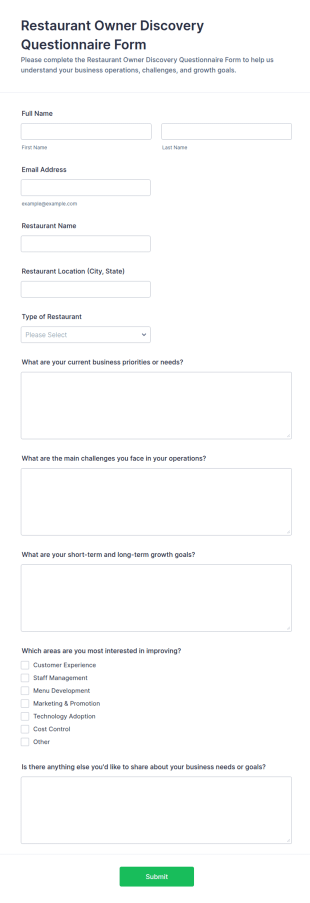 Restaurant Owner Discovery Questionnaire Form Template