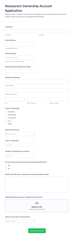Restaurant Ownership Account Application Form Template
