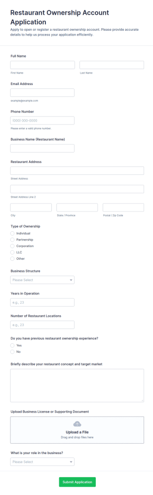 Restaurant Ownership Account Application Form Template
