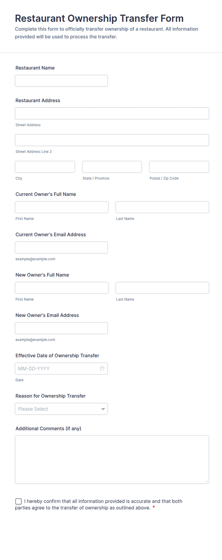 Restaurant Ownership Transfer Form Template | Jotform