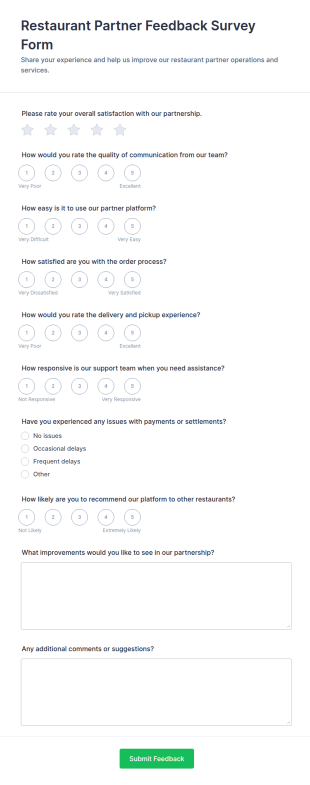 Restaurant Partner Feedback Survey Form Template