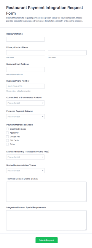 Restaurant Payment Integration Request Form Template