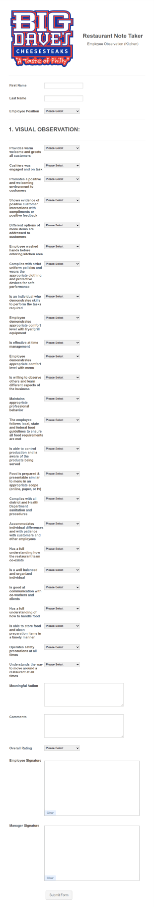 Restaurant Personnel Evaluation Form Template