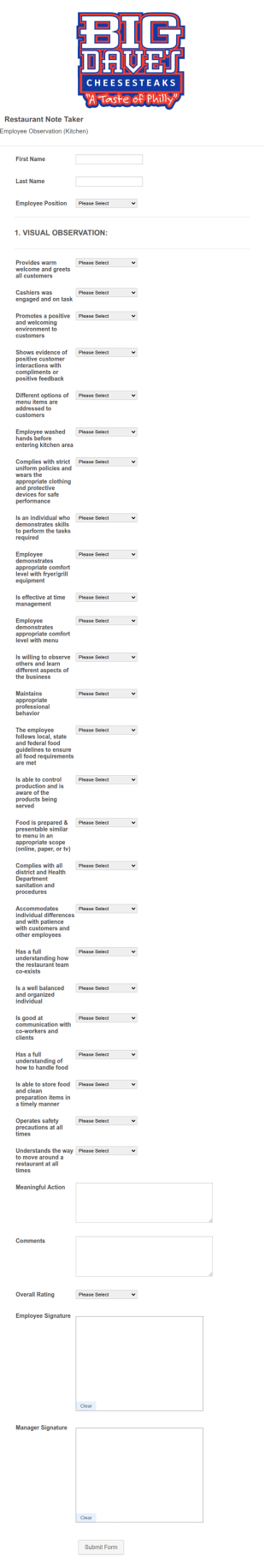 Restaurant Personnel Evaluation Form Template