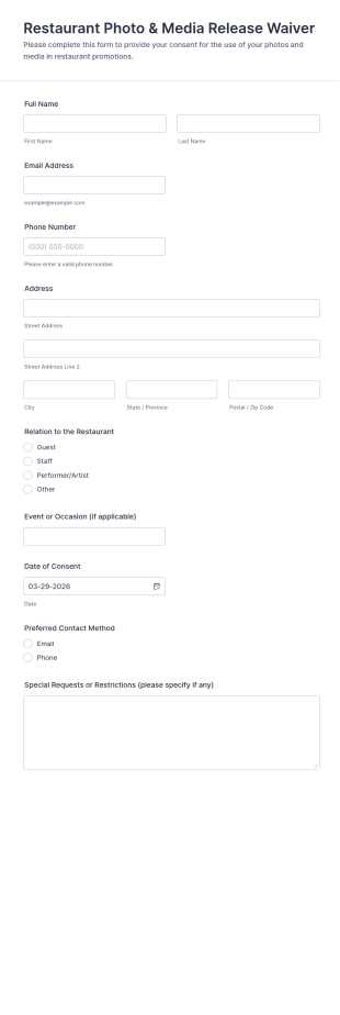 Restaurant Photo & Media Release Waiver Form Template
