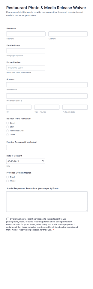 Restaurant Photo & Media Release Waiver Form Template