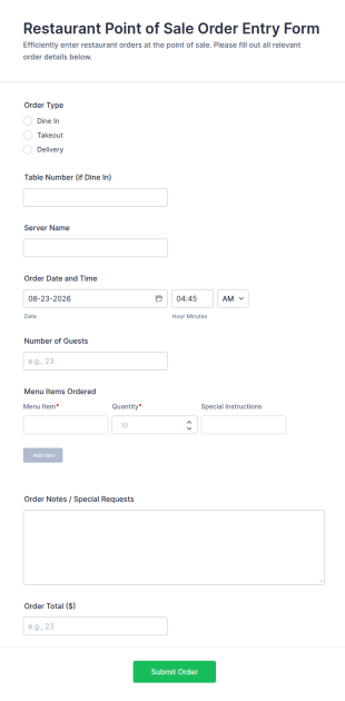 Restaurant Point Of Sale Order Entry Form Template
