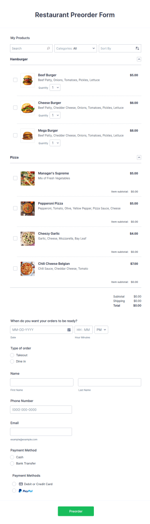 Restaurant Preorder Form Template