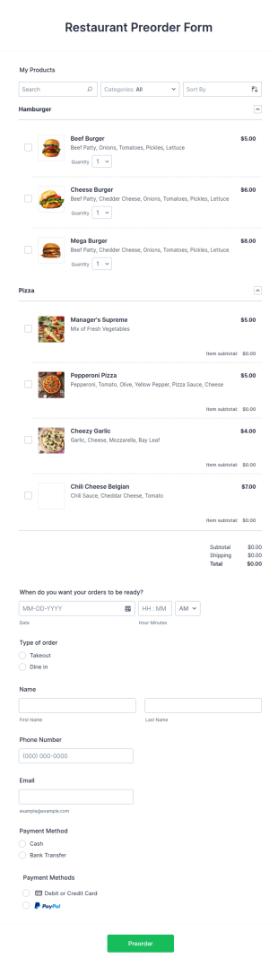 Restaurant Preorder Form Template