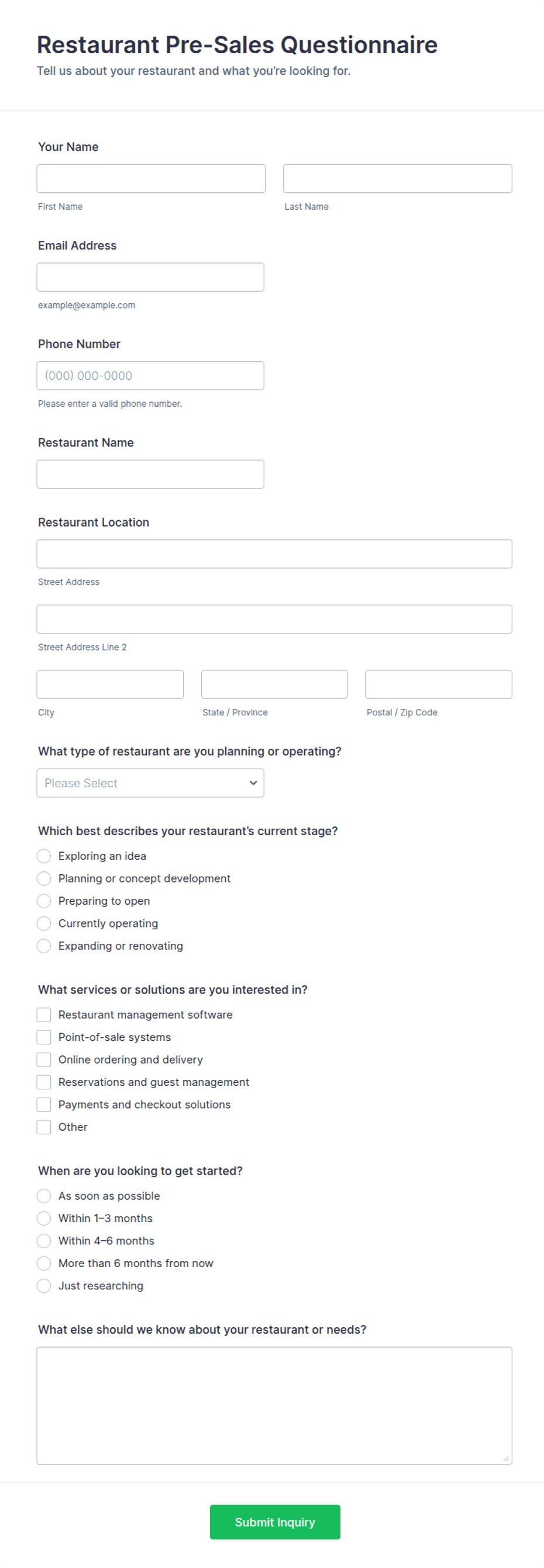 Restaurant Pre-Sales Questionnaire Form Template | Jotform