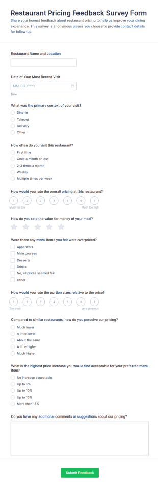 Restaurant Pricing Feedback Form Template