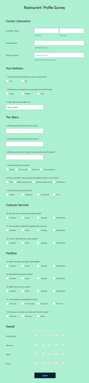 Restaurant Profile Survey Form Template