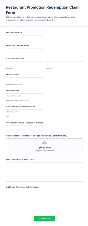 Restaurant Promotion Redemption Claim Form Template