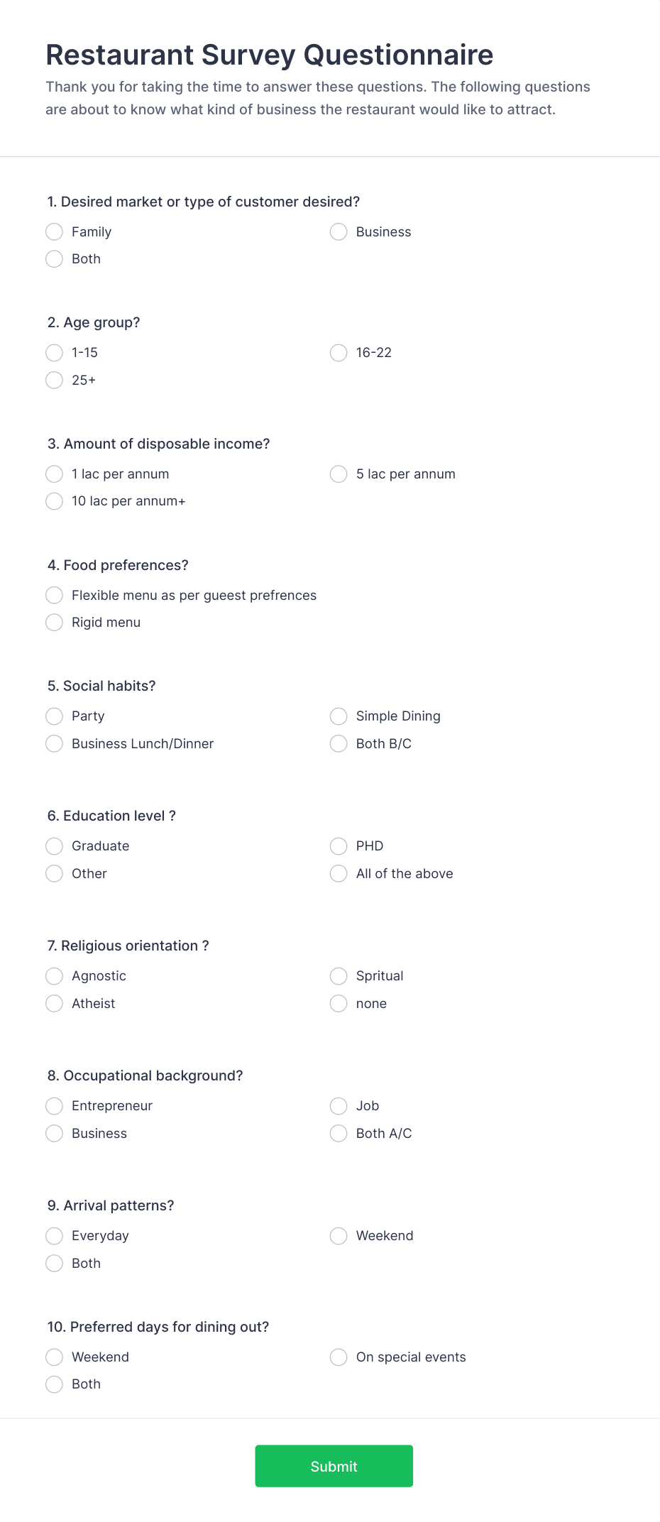 Restaurant Questionnaire Form Template | Jotform