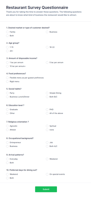 Restaurant Questionnaire Form Template