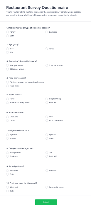 Restaurant Questionnaire Form Template
