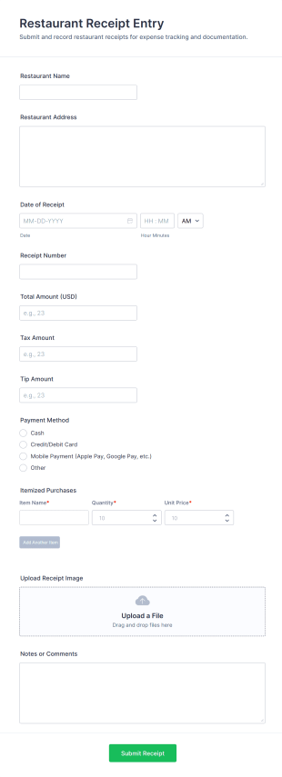 Restaurant Receipt Entry Form Template