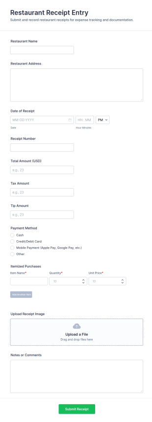 Restaurant Receipt Entry Form Template