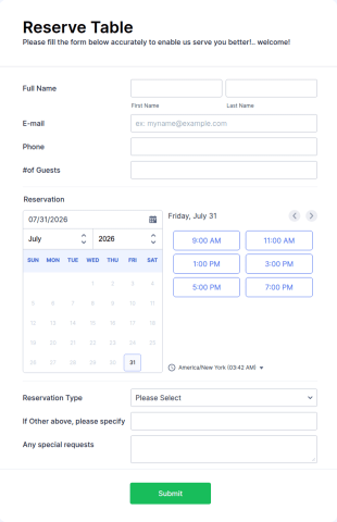 Restaurant Reservation Form Template