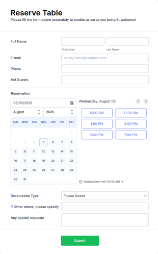 Restaurant Reservation Form Template