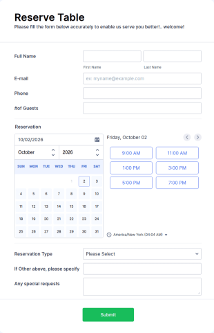 Restaurant Reservation Form Template
