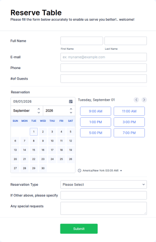 Restaurant Reservation Form Template