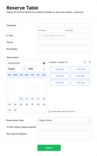 Restaurant Reservation Form Template