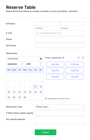Restaurant Reservation Form Template
