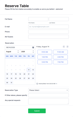 Restaurant Reservation Form Template