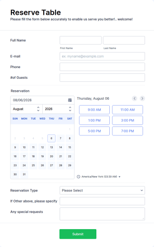 Restaurant Reservation Form Template