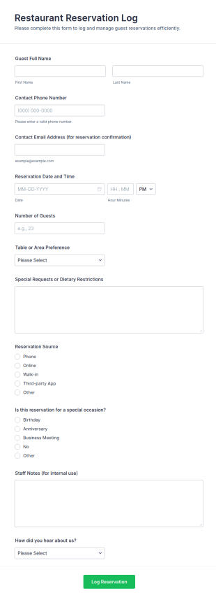 Restaurant Reservation Log Form Template