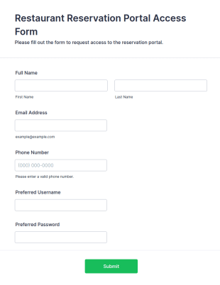 Restaurant Reservation Portal Access Form Template