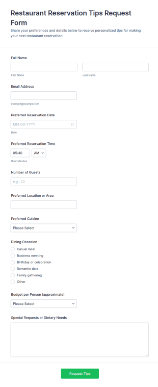 Restaurant Reservation Tips Request Form Template