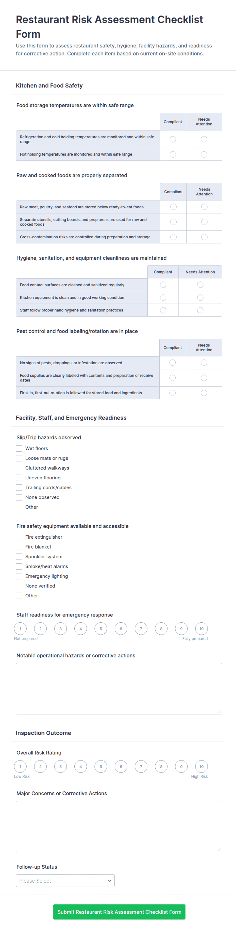 Restaurant Risk Assessment Checklist Form Template | Jotform