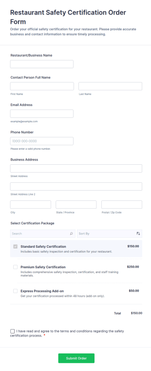 Restaurant Safety Certification Order Form Template