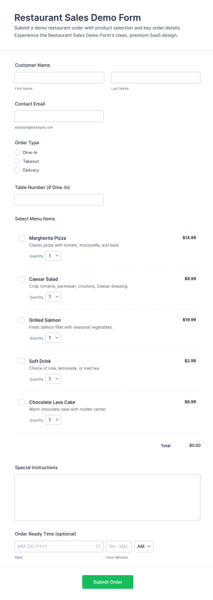Restaurant Sales Demo Form Template