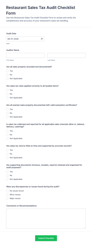 Restaurant Sales Tax Audit Checklist Form Template