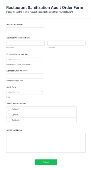 Restaurant Sanitization Audit Order Form Template