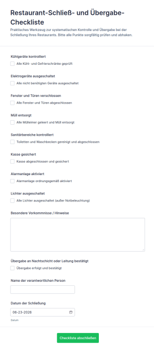 Restaurant Schließliste