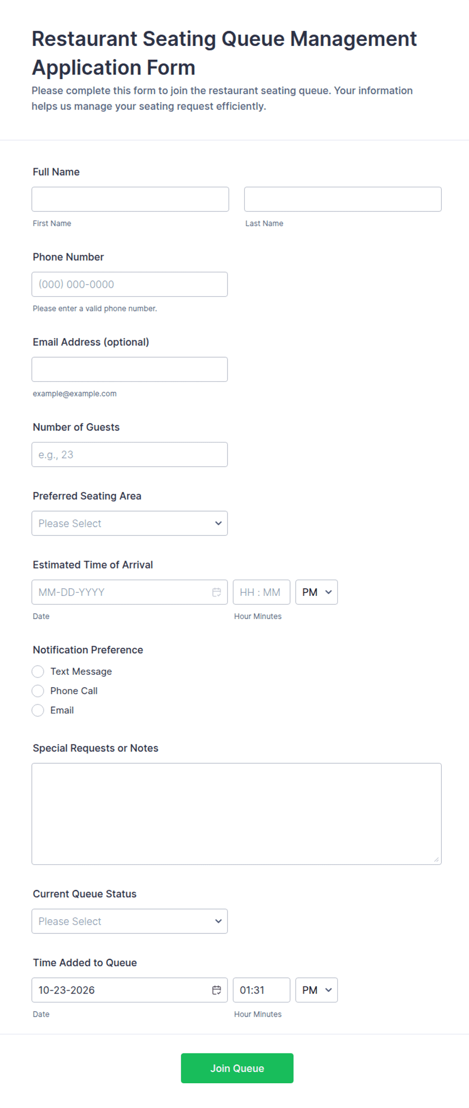 Restaurant Seating Queue Management Form Template | Jotform