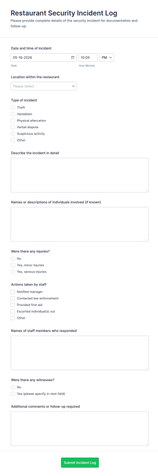 Restaurant Security Incident Log Form Template